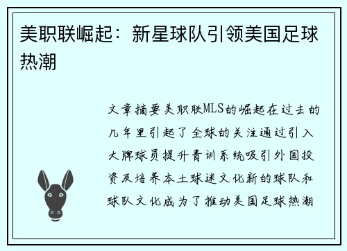 美职联崛起：新星球队引领美国足球热潮